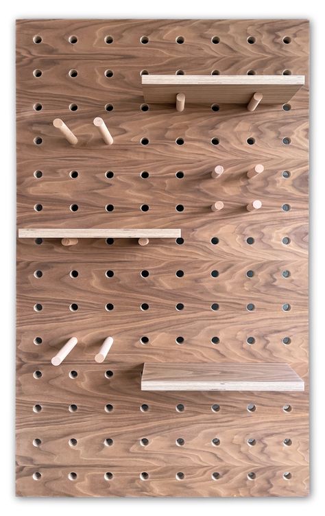 Walnut veneer on birch plywood pegboard with 3 x shelves and pegs made by kreisdesign Peg Board Shelves, Large Pegboard, Peg Board Walls, Wooden Pegboard, Pegboard Storage, Pegboard Organization, Pegboard Accessories, Board Storage, Office Guest Room