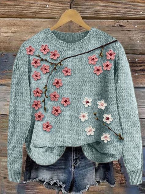 Shop Affordable Women Sweaters Winter Sweater Casual Sweater Floral Sweater Loose Daily Crew Neck Long Sleeve On Justfashionnow.com Sweater Embellishment, Vtuber Clothes, Flowers Knitting, Blossom Crochet, Girlfriend Clothes, Winter Christmas Tree, Sweater Embroidery, Casual Country Outfits, Street Girl