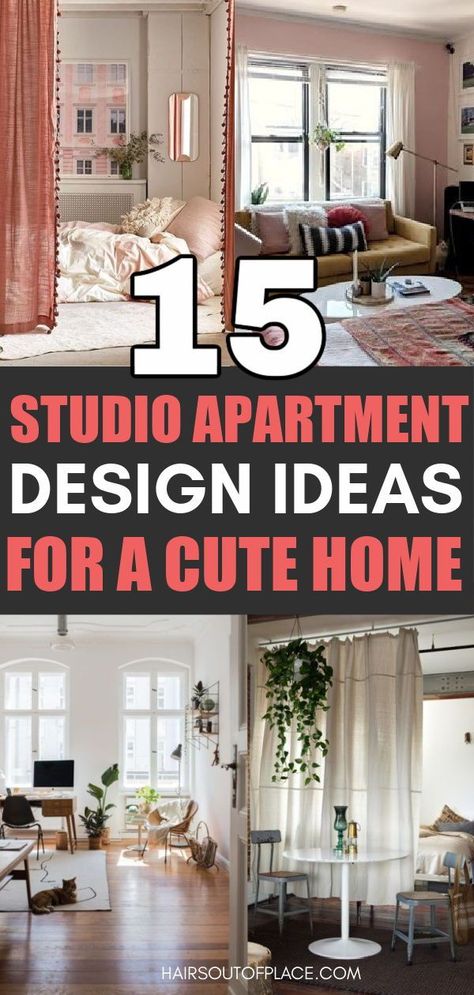 Create your dream living space with these adorable studio apartment design ideas! Easy hacks and trendy home decor ideas to a happy, stylish space! Dividing Shelves, Tiny Studio Apartment Decorating, Small Living Room Ideas Apartment Cozy, Studio Apartment Design Ideas, Aesthetic Work Desk, Room Dividing, Living Room And Bedroom Combo, Vibey Apartment, Small Studio Apartment Design