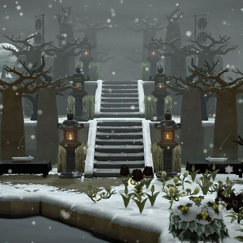 Michelle 👑 ACNH Addict on Instagram: "Wonder where this staircase leads to…🤔 Let me know your guesses! #acnhwinter #acnhforest #acnhjapanesestyle #acnhbuild #acnhspooky #acnhsnow Animal crossing ACNH winter Japanese style snow build speedbuild new horizons nintendo mom gamer explore cozy" Acnh Chapel, Animal Crossing Nordic Style, Acnh Spooky Builds, Animal Crossing Island Ideas Winter, Acnh Mail Area, Acnh Stairs Ideas, Acnh Town Hall Plaza Ideas, Cozy Animal Crossing Ideas, Dark Forest Animal Crossing