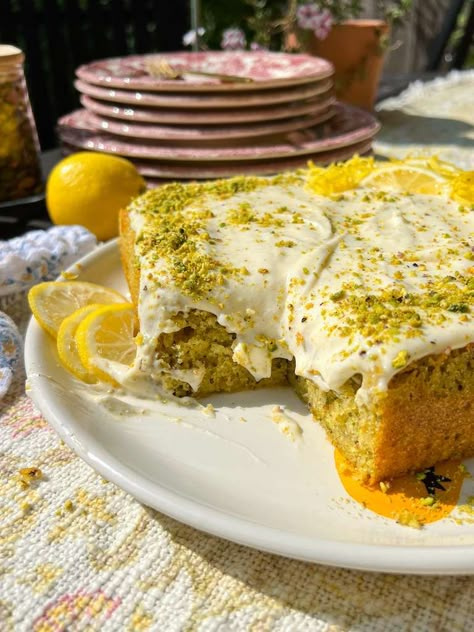 Pistachio Lemon Olive Oil Cake - BRIGHT MOMENT CO. Lemon Pistachio Olive Oil Cake, Lemon Pistachio Cake, Fried Cheesecake, Pistachio Cake Recipe, Olive Oil Cake Recipe, Lemon Olive Oil Cake, Pistachio Dessert, Valentines Brunch, Pistachio Recipes