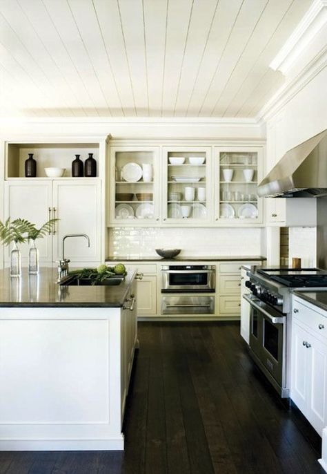 I like the paneling on the ceiling. I would definitely use the paneling if I had low ceilings in an old colonial. Neutral Kitchen, Dark Wood Floors, Cloud White, Counter Tops, Style At Home, White Cabinets, Beautiful Kitchens, Modern Industrial, Home Fashion