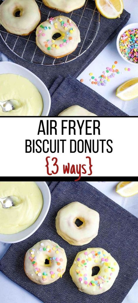 Air Fryer Biscuit Donuts are a busy Mama’s dream come true. A super easy treat or breakfast that is a smidge healthier than a traditional doughnut but still absolutely delicious. Donuts Air Fryer, Canned Biscuit Donuts, Air Fryer Doughnut Recipe, Air Fryer Dessert Recipes, Air Fry Donuts, Air Fryer Dessert, Biscuit Donuts, Frozen Biscuits, Breakfast Donuts