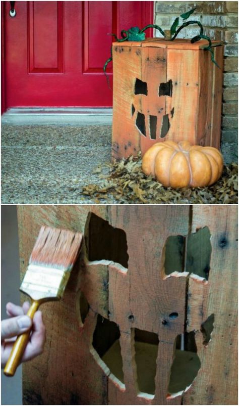 Reclaimed Wood Jack-O-Lantern Box - 25 Fantastic Reclaimed Wood Halloween Decorations For Your Home And Garden Diy Wood Halloween, Scary Halloween Decorations Outdoor Diy, Wood Halloween Decorations, Wooden Halloween Decorations, Porch Diy, Wood Halloween, Scary Halloween Decorations Outdoor, Halloween Diy Outdoor, Halloween Wood Crafts