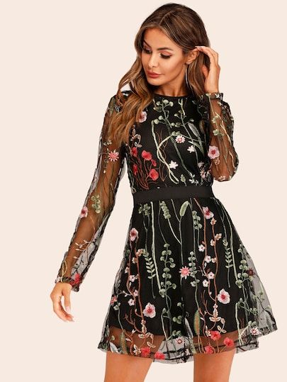 Embroidered Mesh Overlay Dress | SHEIN Mesh Overlay Dress, Long Sleeve Mesh Dress, Overlay Dress, Dress Out, Round Neck Dresses, Mesh Overlay, Mesh Long Sleeve, Short Mini Dress, Shein Style