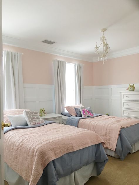 Twins room re-do!  Peachy blush pink on the walls is Behr Stolen Kiss. Stolen Kiss Behr Paint, Behr Blush Pink Paint Colors Bathroom, Blush Twin Bedding, Behr Nursery Pink, Blush Pink Sheets White Comforter, Behr Pink Paint Colors Girl Rooms, Twin Girl Bedrooms, Toddler And Baby Room, Pink Bedroom Walls