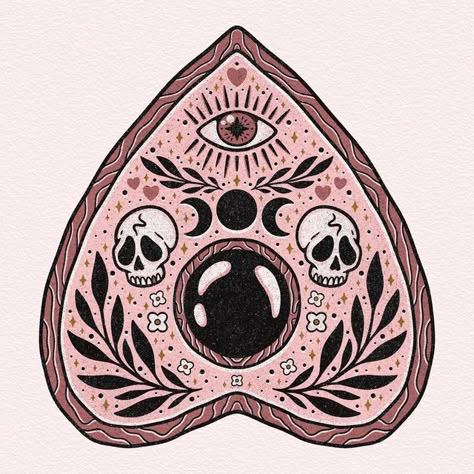 Ouija Planchette Art, Ouija Board Planchette Drawing, Ouija Planchette Tattoo Simple, Witchy Art Ideas, Planchette Painting, Planchette Illustration, Cute Skull Illustration, Ouija Planchette Drawing, Planchette Drawing