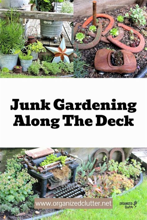 Sharing my container garden, plant choices, and junk decor ideas for outdoor decor along your deck! #junkgarden #gardenjunk #rusticgarden #containergarden Junk Garden Ideas Repurposed, Garden Ideas Recycled, Junk Decor, Wedding Garden Decoration, Deck Landscaping, Garden Transformation, Junk Garden, Creative Upcycling, Ladybug Garden