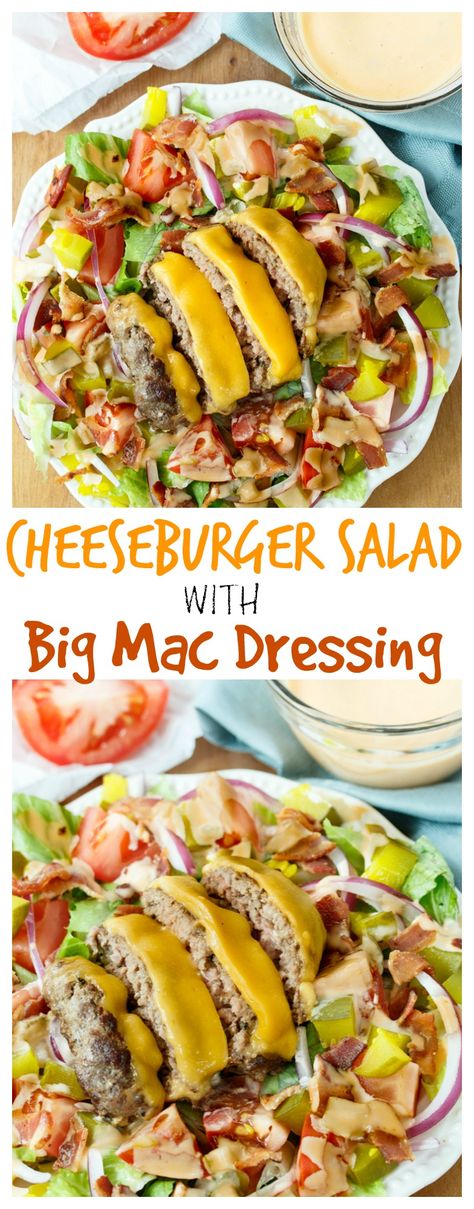 A mouth-watering cheeseburger served over a bed of fresh lettuce, tomatoes, pickles, onions, and bacon. All drizzled with easy homemade Big Mac Dressing. Big Mac Dressing, Low Carb Hamburger Recipes, Cheeseburger Salad Recipe, Pickles Onions, Homemade Big Mac Sauce, Mac Salad Recipe, Cheeseburger Salad, Big Mac Sauce Recipe, Mac Sauce Recipe