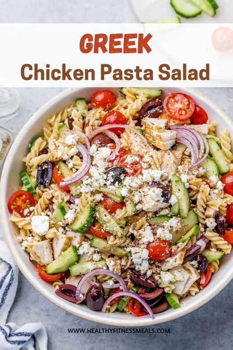 Delicious Greek Chicken Pasta Salad packed with juicy tomatoes, fresh cucumbers, zippy red onion, smoky kalamata olives, and tangy feta cheese. #greeksalad #pastasalad #chickenpastasalad Mediterranean Chicken Pasta Salad, Greek Pasta Salad With Chicken, Feta Tomato Pasta With Chicken, Greek Feta Pasta Salad, Roasted Greek Chicken Salad, Chicken Salad Pasta, Pasta Salad Greek, Interesting Salads, Greek Chicken Pasta