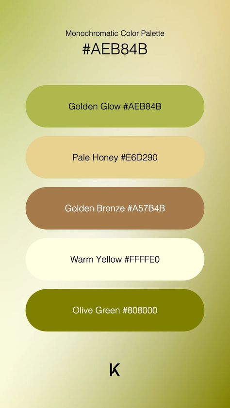 Monochromatic Color Palette Golden Glow #AEB84B · Pale Honey #E6D290 · Golden Bronze #A57B4B · Warm Yellow #FFFFE0 · Olive Green #808000 Monochromatic Color Palette, Hex Color Palette, Gold Color Palettes, Hex Colors, Color Pallets, Unique Colors, Olive Green, Green And Gold, Color Palette