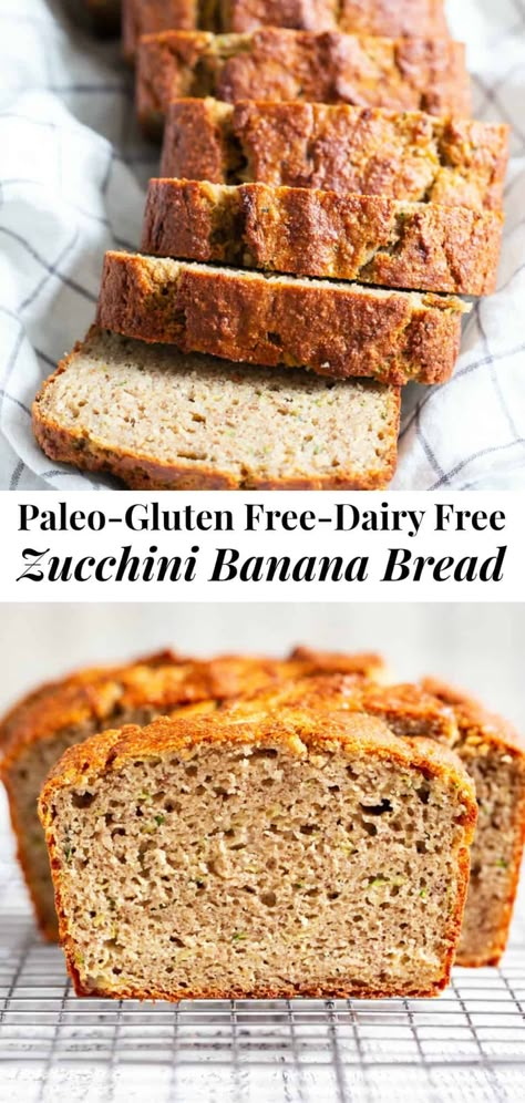 This gluten free and paleo zucchini banana bread is soft and tender, moist, cake-like and has just the right amount of sweetness.  Perfect for breakfast toasted and slathered with almond butter or for an afternoon snack.  Experiment with adding your favorite mix-ins to this simple grain free, dairy free quick bread! #paleo #glutenfree #cleaneating Dairy Free Quick Bread, Paleo Baking Powder, Banana Bread Paleo, Paleo Baking Recipes, Paleo Bread Recipe, Bread Zucchini, Paleo Running Momma, Paleo Zucchini, Zucchini Banana