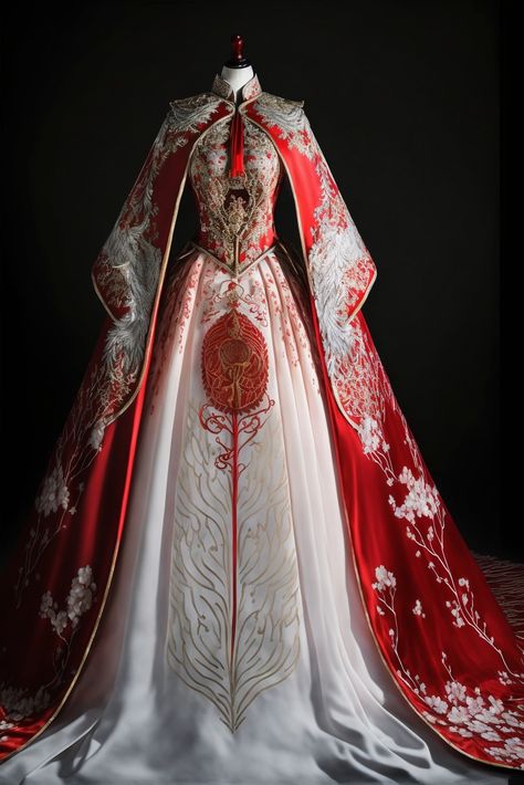 China's stunning red and white Hanfu wedding dress. The cloak is embroidered with translucent crystal, the sparkling pearl crystal shines like a diamond, the phoenix on the skirt is lifelike, there are sparkling pendants on the skirt, and the hem is 2m long. Foreground shot, this is a beautiful, noble, magical, octane rendering 16k with surreal starlight petal background. HD,ureal Hanfu Wedding Dress, White Dress Aesthetic, Lehenga White, Vintage Wedding Venues, Asian Princess, Outfit Anime, Traditional Chinese Wedding, White Gold Dress, Red Wedding Dress