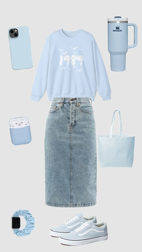 Light Blue Skirt Outfit, Midi Denim Skirt Outfit, Blue Skirt Outfit, Denim Skirt Outfit Ideas, Denim Midi Skirt Outfit, Blue Skirt Outfits, Light Blue Skirt, Denim Skirt Outfit, Midi Denim Skirt