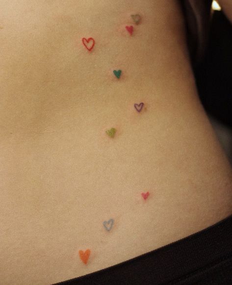 Small Colorful Heart Tattoo, Colored Hearts Tattoo, Yellow Heart Tattoo, Colorful Heart Tattoos, Tiny Colorful Tattoos, Confetti Tattoo, Small Color Tattoo, Peach Tattoo, Small Heart Tattoos