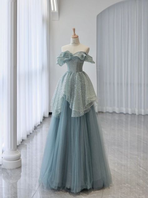 Ball Gown Dresses Elegant, Long Graduation Dress, Water Dress, Dress Blue Long, Graduation Dresses Long, Off Shoulder Tulle, Prom Dress Blue, Formal Prom Dresses Long, Marine Uniform