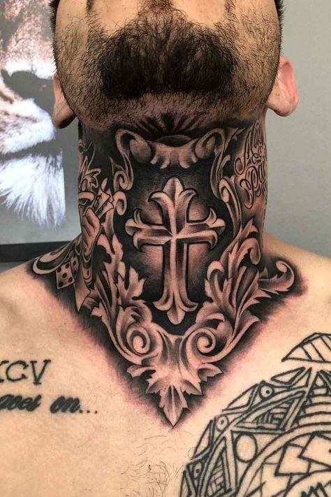 Chest And Neck Tattoo, Neck And Throat Tattoos Men, Mandala Tattoo Neck, Neck Tattoo Ideas For Men, Chest Tattoo Fonts, Religous Tattoo, Fake Skin Tattoo, Front Neck Tattoo, Aztec Tattoos Sleeve