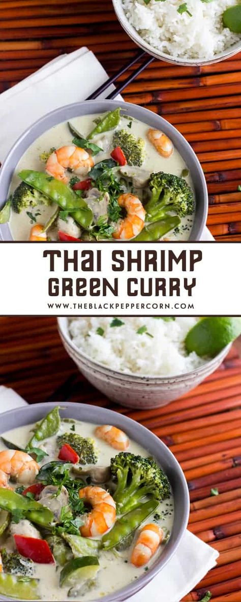 Easy Thai Shrimp GreenCurry with green curry paste and coconut milk. Made with shrimp, broccoli, snow peas, mushrooms, zucchini, pepper and more! Serve on jasmine rice. via @blackpeppercorn Shrimp Green Curry, Thai Shrimp Curry, Shrimp Broccoli, Thai Curry Recipes, Green Curry Sauce, Green Curry Recipes, Shrimp Curry, Coconut Shrimp Recipes, Seafood Recipes Crab