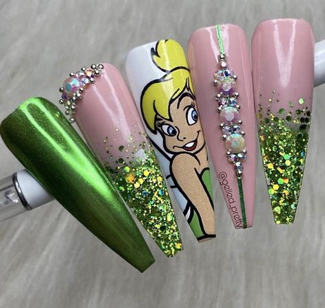 Characters Nails Design, Nails With Cartoon Characters, Character Nail Art Disney, Character Nails Designs, Black Barbie Nails, Up Nails Disney, Character Art Nails, Tinkerbell Nails Designs, Disney Nail Designs Princesses