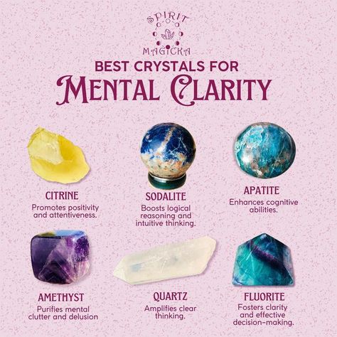 Best Crystals for Mental Clarity --> Apatite: Enhances cognitive abilities. Citrine: Promotes positivity and attentiveness. Sodalite: Boosts logical reasoning and intuitive thinking. Amethyst: Purifies mental clutter and delusion Fluorite: Fosters clarity and effective decision-making. Quartz: Amplifies clear thinking Energy Stones Crystal Healing, Intuitive Thinking, Crystal Magick, Crystal Healing Chart, Logical Reasoning, Mental Clutter, Crystal Uses, Feminine Spirituality, Magic Herbs