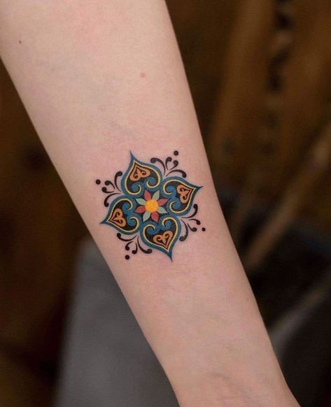 Colored Ornamental Tattoo, Ornamental Color Tattoo, Colorful Ornamental Tattoo, American Traditional Tattoos Color, Embroidery Tattoo Ideas, Mexican Inspired Tattoos, Czech Tattoo, Polish Tattoos, Embroidery Tattoo