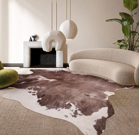 PRICES MAY VARY. 【High-Quality Cowhide Rug】: Coffinsea cow print rug is made from premium quality synthetic fibers that are soft, durable, and hypoallergenic. It's resistant to shedding, fading, and wear and tear, making it a long-lasting addition to your home. 【Modern Rustic Chic Cow Hide 】Marvel at the intricate printing that adorns this rustic rug, bringing a touch of sophistication and uniqueness to your space. The exquisite patterns showcase a blend of modern aesthetics and timeless eleganc Keep Off Rug Living Room, Cow Hide Rug Living Room Modern, Carpet With Rug On Top, Cow Hide Rug Living Room, Living Room Aesthetic Luxury, Cowhide Rug Living Room Modern, Aesthetic Area Rugs, Layered Cowhide Rug, Cowhide Rug Bedroom