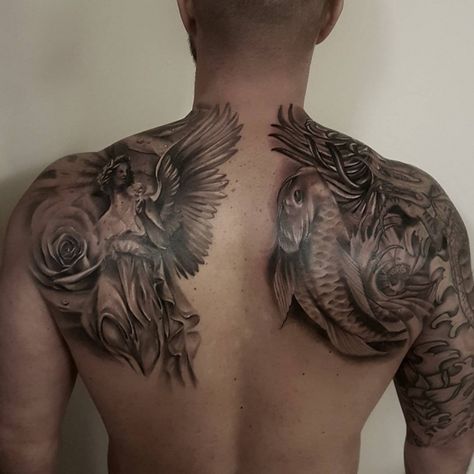 109 Best Back Tattoos for Men | Improb Best Back Tattoos, Back Tattoos For Men, Back Tattoos For Guys Upper, Angel Back Tattoo, Back Angel, Small Back Tattoos, Cool Back Tattoos, Upper Back Tattoos, Tattoos Infinity