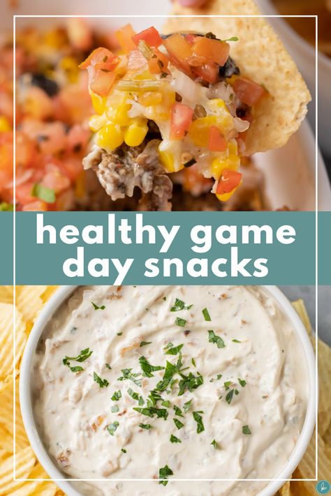 The best list of healthy game day snacks! These easy football snacks are great if you're low carb, low fat, or looking for something healthy! From appetizers to meals, there's something for everyone - even for kids! Healthier Game Day Food, High Protein Football Snacks, Healthy Hourdourves, Quick Football Snacks, Healthy Game Day Appetizers, Healthy Tailgate Snacks, Protein Finger Foods, Healthy Football Snacks Appetizers, Snacks For Football Games