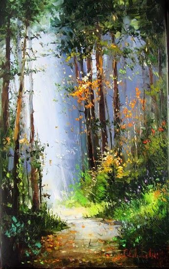 Sumer forest. Oil painting. Green forest. Forest trail. Sumer day. Beautiful nature. Dense forest. Abstract art. Nature. Blooming grass Cherry Blossom Wall Art, Forest Drawing, Oil Painting Pictures, Watercolor Clouds, Watercolor Pictures, Nature Drawing, Watercolor Trees, Tree Drawing, Oil Painting Flowers