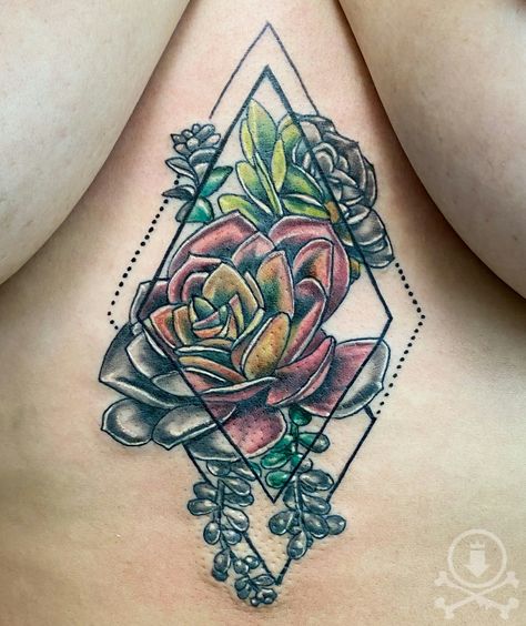 Half Color Half Black Tattoo, Sternum Plant Tattoo, Succulent Chest Tattoo, Colorful Sternum Tattoo, Geometric Succulent Tattoo, Tatooed Girl, Black Succulent Tattoo, Succulents Tattoo, Succulent Shoulder Tattoo