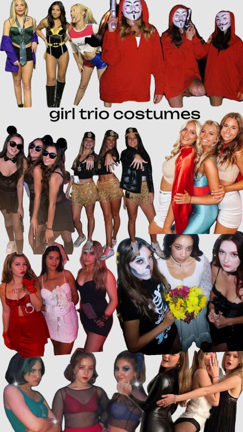 trio costumes #love #halloween #spooky #left #sad #preppy #smart #vintage #outfitinspo #slayalldayeveryday Hot Trio Costume Ideas, Last Minute Halloween Costumes Group, Scary Trio Halloween Costumes, Trio Costumes Halloween, Halloween Trios, Costume Duos, Fun Halloween Outfits, Bsf Goals, Trio Costumes