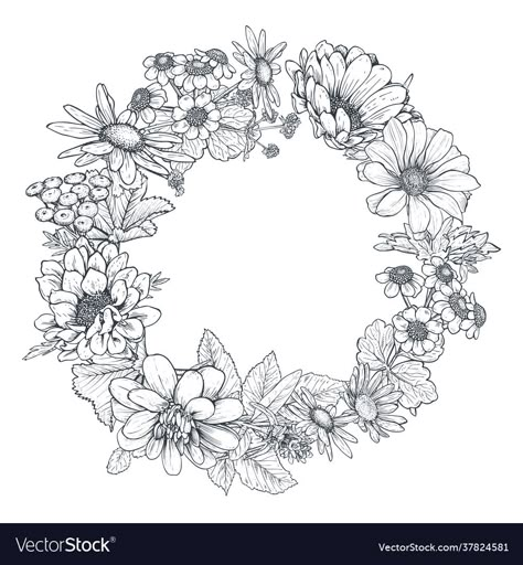 Flower Circle Drawing, Flower Wreath Drawing, Flowers In Circle, Wreath Sketch, Floral Wreath Drawing, Circle Drawings, Drawing In Circle, Draw Leaves, Wreath For Wedding