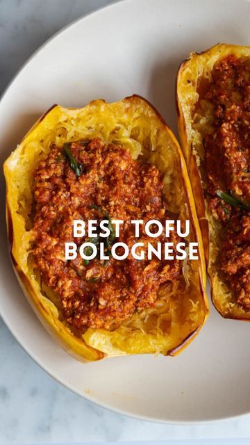 Spaghetti Squash Tofu Recipes, Tofu Spaghetti Squash, Tofu Spaghetti, Crumbled Tofu, Vegan Spaghetti Squash, Tofu Bolognese, Best Tofu, Tofu Sauce, Sausage Marinara