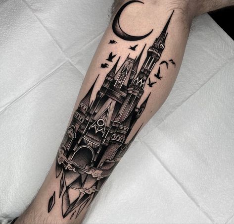 Gothic Castle Tattoo Sleeve, Dark Castle Tattoo Design, Floating Castle Tattoo, Black Castle Tattoo, Goth Castle Tattoo, Goth Cathedral Tattoo, Cathedral Tattoo Gothic, Draculas Castle Tattoo, Haunted Castle Tattoo