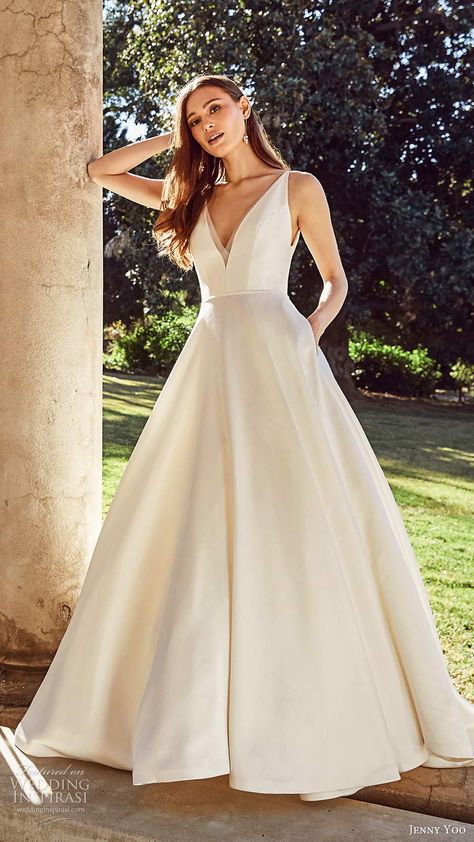 jenny yoo spring 2020 bridal sleeeless straps v neckline minimalist clean a line ball gown wedding dress v back chapel train (5) mv -- Jenny Yoo Collection Spring 2020 Wedding Dresses | Wedding Inspirasi  #wedding #weddings #bridal #weddingdress #weddingdresses #bride #fashion #label:JennyYoo #season:Fall/Winter #week:062020 #year:2020 ~ Wedding Dresses V Neck, Wedding Gown Backless, Satin Bridal Gowns, Cheap Wedding Dresses Online, Bridal Party Ideas, Dresses V Neck, Most Beautiful Wedding Dresses, Elegant Gowns, Jenny Yoo