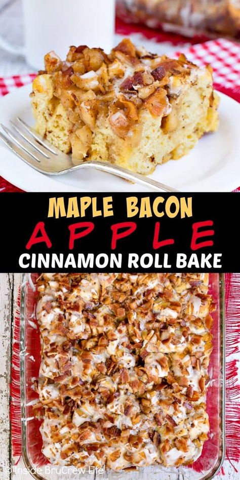 Maple Bacon Apple Cinnamon Roll Bake - adding soft cooked apples, crunchy bacon, and maple icing to this easy breakfast bake gives it a sweet and salty flair. Try this recipe for breakfast or brunch! #apple #bacon #cinnamonrolls #maple #easyrecipe #breakfast #brunch #breakfastcasserole #crunchpak Envy Apple Recipes, Apple Cinnamon Roll Bake, Recipes Apples, Easy Breakfast Bake, Bacon Cinnamon Rolls, Fall Yummies, Maple Icing, Fall Eats, Bakery Goods