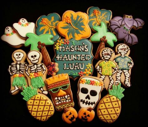 Halloween luau cookies Haunted Luau, Tiki Christmas, Luau Cookies, Halloween Gingerbread, Island Birthday, Easy Halloween Party, Aloha Party, Zombie Party, Vintage Tiki