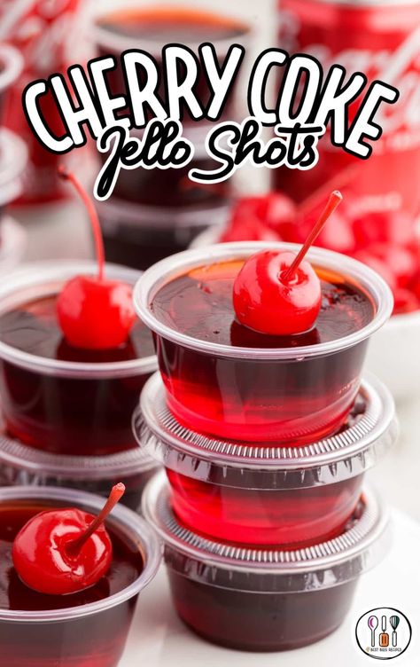 Make Cherry Coke Jello Shots for your next party! Quick, easy, and a guaranteed hit. Less than 30 mins to prepare. Perfect for any occasion! Dirty Shirley Jello Shots, Cherry Coke Jello Shots, Cherry Coke Jello, Coke Jello, Cherry Jello Shots, Easy Jello Shots, Best Jello Shots, Peach Jello, Jell O Shots