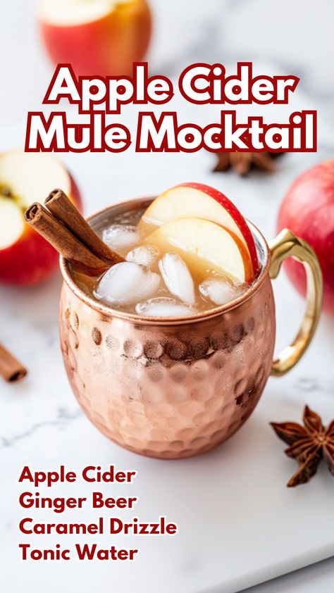 Apple Cider Mule Mocktail September Drinks, Fall Mocktail Non Alcoholic, Mule Mocktail Recipe, Fall Mocktail Recipe, Apple Cider Mule, Mule Variations, Cider Mule, Ginger Beer Drinks, Apple Cider Moscow Mule