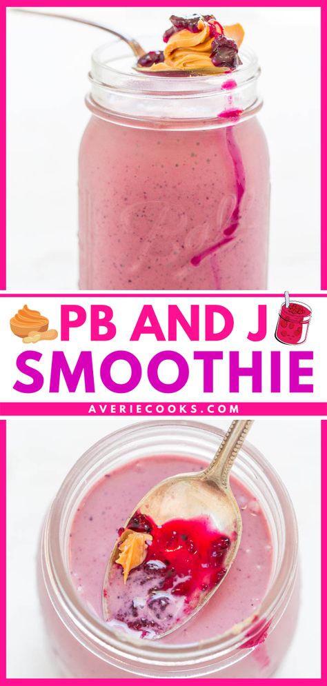 PB & J Smoothie - A perfect PB & J in drinkable form!! Smooth, creamy, satisfying, EASY, and healthy!! You're going to LOVE this version of a PB & J!! Fun Smoothies, Pb And J Smoothie, Pb And J, Healthy Breakfast Snacks, Averie Cooks, Perfect Summer Drink, Milk Smoothie, Recipes With Few Ingredients, Smoothies For Kids