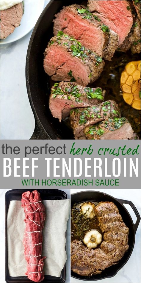 Easy Herb Crusted Beef Tenderloin Roast with a creamy horseradish sauce, the ultimate main course for the holidays! How to trim, tie, cook and prepare the perfect beef tenderloin for a crowd. #christmas #party #oven #whole #beef #tenderloin Beef Tenderloin Oven, Crusted Beef Tenderloin, Perfect Beef Tenderloin, Whole Beef Tenderloin, Creamy Horseradish, Creamy Horseradish Sauce, Beef Tenderloin Recipes, Beef Tenderloin Roast, Tenderloin Roast