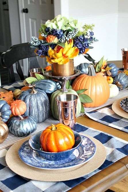 copper and navy fall farmhouse tablescape  LOVE! #anchoredresolve #arproject2018 November Decor, Orange Fall Decor, Blue Fall Decor, Thanksgiving Tablescape, Fall Table Settings, Autumn Table, Fall Thanksgiving Decor, Fall Deco, Autumn Decorating