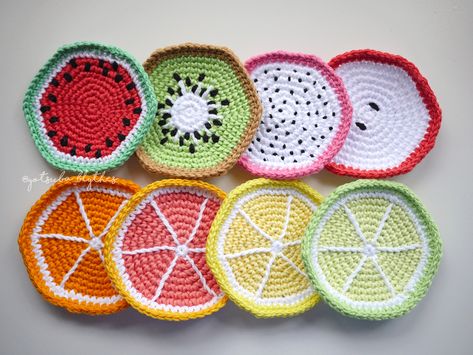 Fruit Coasters, Crochet Cup Coaster, Wool Coasters, Crochet Coasters Free Pattern, Crochet Fruit, Crochet Coaster Pattern, Handmade Cups, Crochet Potholders, Cup Coaster