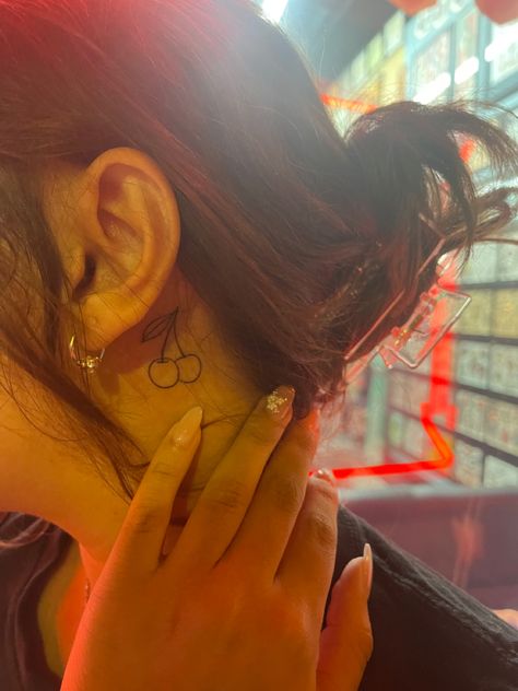 Korean Idol Tattoo, Cute Tiny Tattoo Placement, Cherry Neck Tattoo, Cherry Tattoo Placement Ideas, Cherry Behind Ear Tattoo, Cherry Tattoo Behind Ear, Little Cherry Tattoo, Cherry Bow Tattoo, Cherry Tattoo Placement