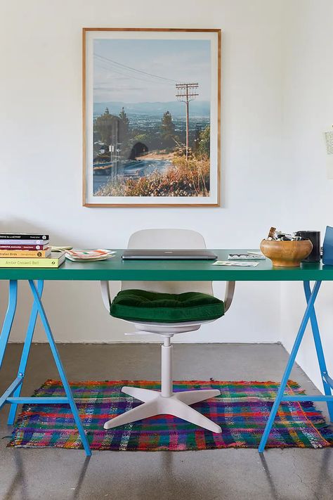 This Australian Couple Packed a Year and a Half’s Worth of Reno Into 6 Months Creative Office Ideas, Home Office Colorful, Colourful Desk, White Corian Countertops, Creative Workspace Inspiration, Boho Living Room Decor Ideas, Plywood Desk, Made Coffee Table, Plywood Kitchen