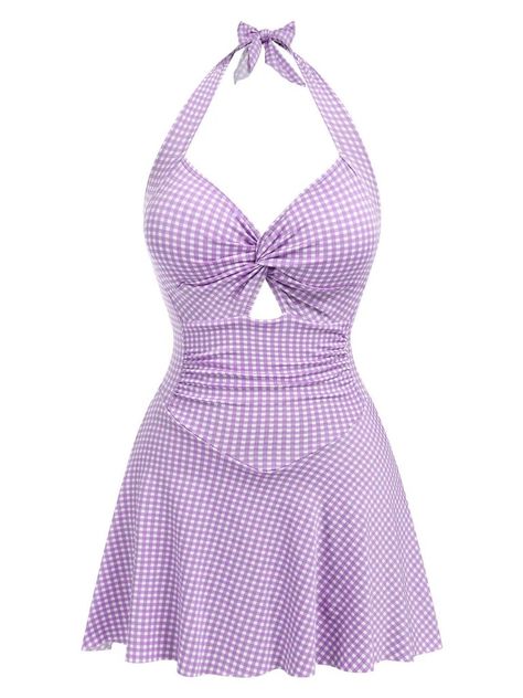 Purple 1930s Plaid Halter One-Piece Swimsuit | Retro Stage Swimdress Cute, Maya Aesthetic, Cute One Piece Swimsuit, Swimsuit Fits, Ballet Inspired Fashion, Ocean Outfits, Retro Stage, Purple Swimsuit, Swimsuit Skirt