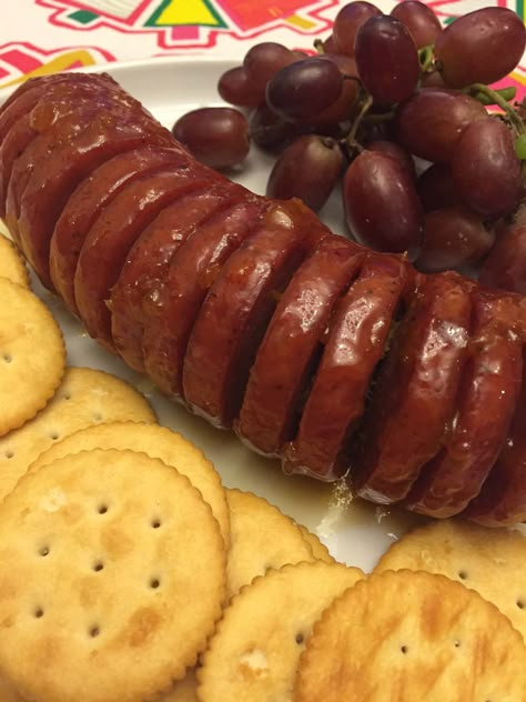 This is a sponsored post written by me on behalf of Klement's Sausage Company. All opinions are 100% mine.    This amazing glazed summer sausage will be devoured in a snap!  Glistening with the finger-lickin' apricot-mustard glaze, … Baked Summer Sausage, Summer Sausage Appetizers, Easy Horderves, Stuffing Bites, Salami Appetizer, Sausage Appetizer Recipes, Baked Italian Sausage, Summer Sausage Recipes, Easy Sausage Recipes