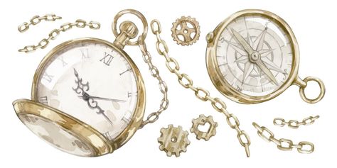 Premium Vector | Watercolor illustrations with vintage gold pocket watch compass gears and chains isolated on a white Vintage Pocket Watch Illustration, Pocket Watch Concept Art, Clock Illustration Art, Pocket Watch Illustration, Pocket Watch Drawing, Watercolor Clock, Cartoon Poses, Pocket Clock, Pocket Watch Art