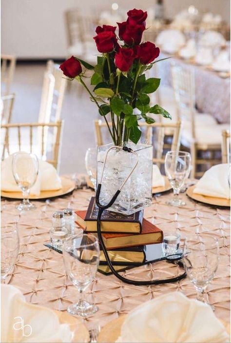 Medical Centerpiece Ideas, Medical Retirement Party Ideas, Elegant Nursing Graduation Party, Dr Party Ideas, Medical School Graduation Centerpieces, Nursing Students Graduation Party, Nursing School Centerpieces, Nursing School Graduation Party Centerpieces, Med School Graduation Party Decoration