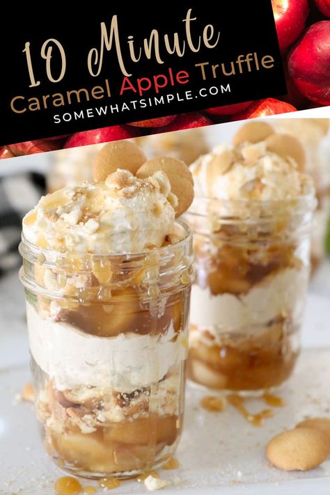 Quick Caramel Apple Trifle is a no-bake cheesecake dessert with rich layers that are creamy, crunchy, tart, and delicious! It’s the perfect decadent dessert to feed your guests! Apple Pie Trifle Desserts, Cheesecake In Cups, Carmel Apple Trifles, Caramel Apple Cheesecake Cups, Caramel Apple Dessert Cups, Mini Desserts In Cups, Fall Dessert Cups, Fall Trifle Desserts, Cheesecake Dessert Cups